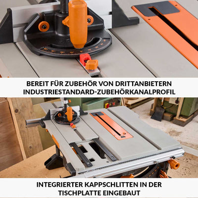Evolution R255TBL+, die nächste Generation der tragbaren Tischsäge (230 V, 255 mm) mit TCT-Multimaterialsägeblatt