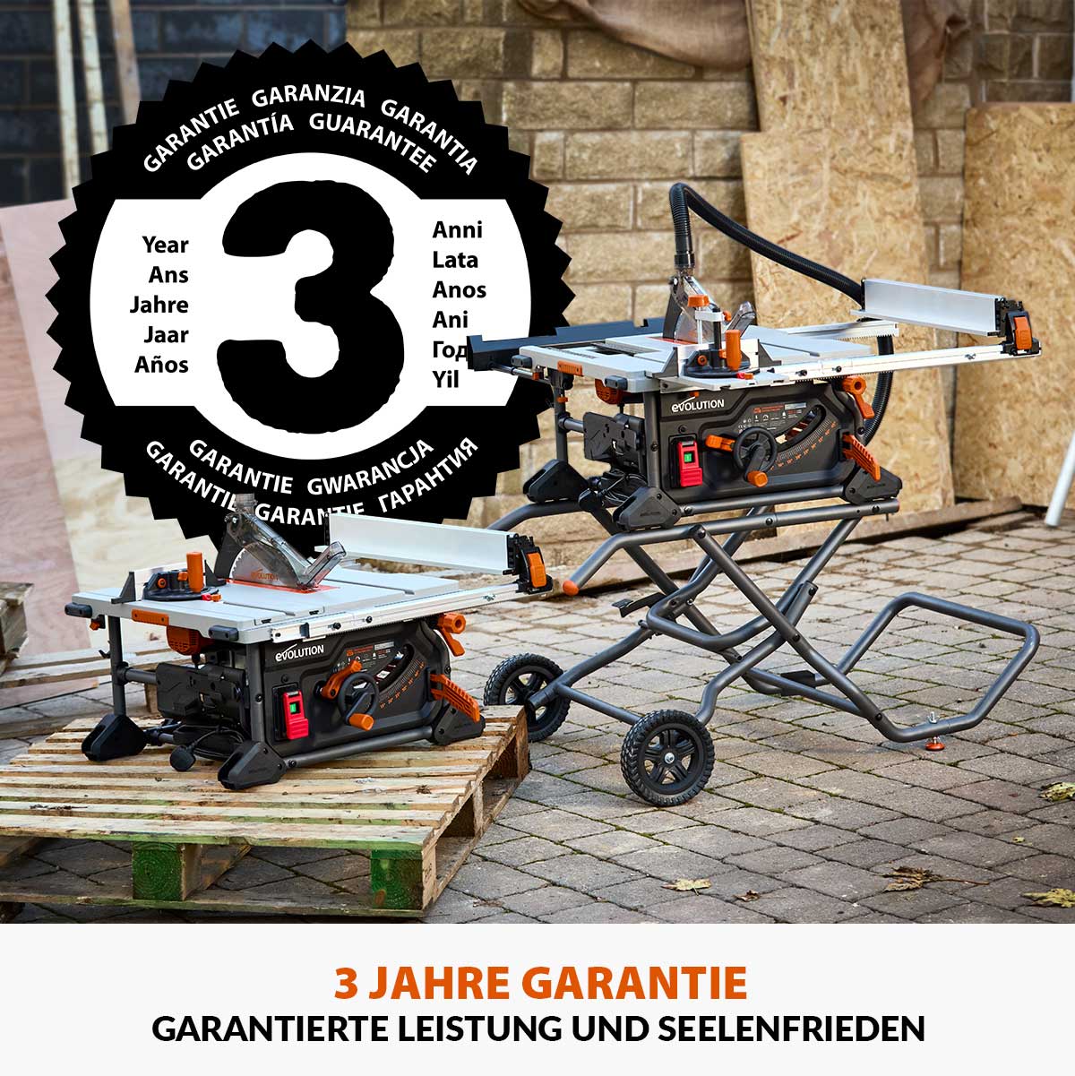 Evolution R255TBL+, die nächste Generation der tragbaren Tischsäge (230 V, 255 mm) mit TCT-Multimaterialsägeblatt