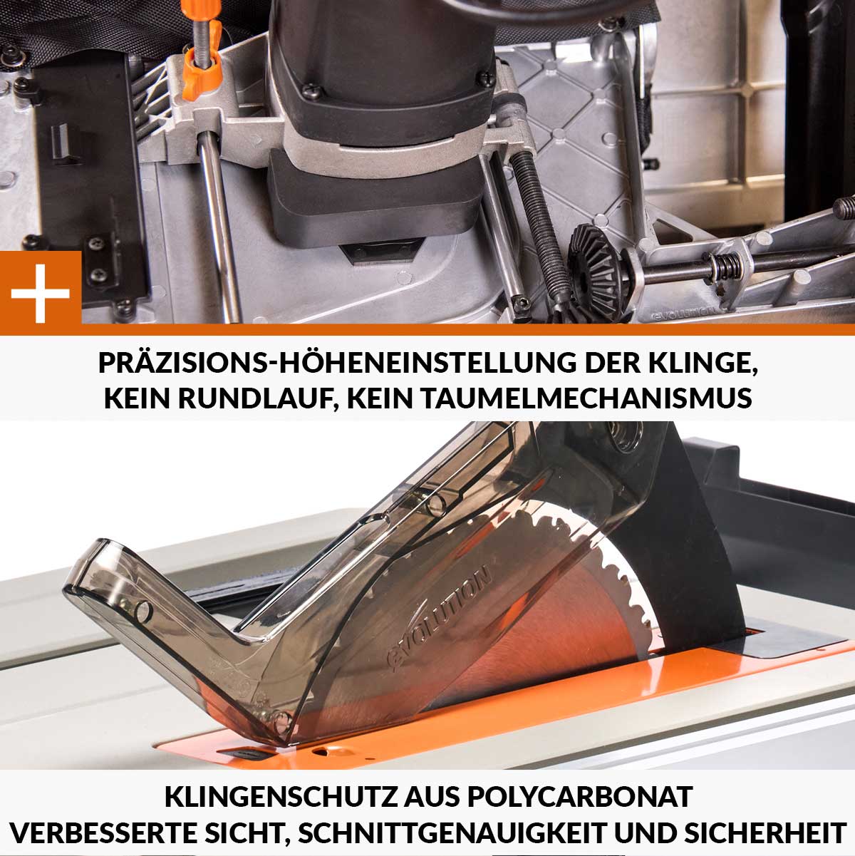 Evolution R255TBL+, die nächste Generation der tragbaren Tischsäge (230 V, 255 mm) mit TCT-Multimaterialsägeblatt
