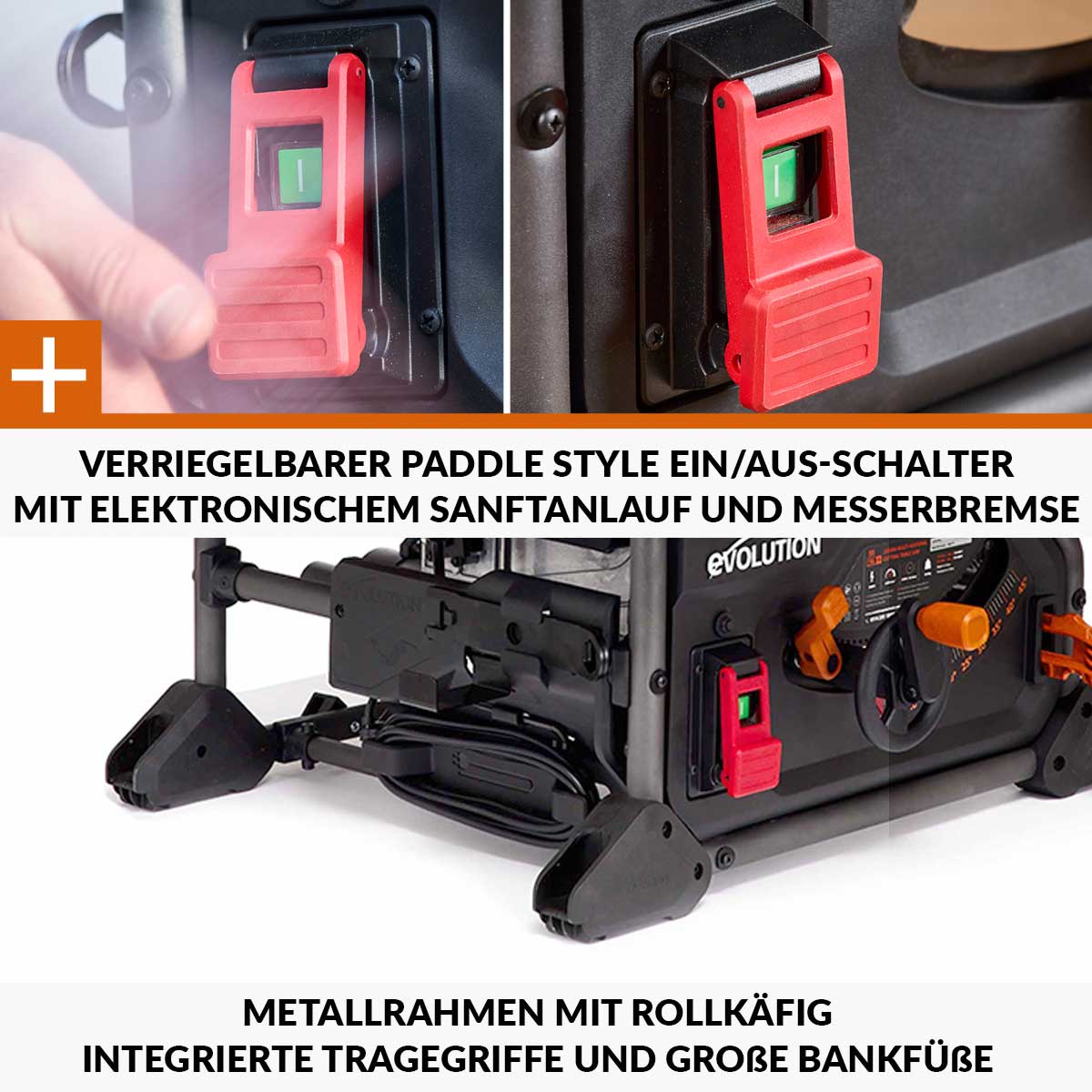 Evolution R255TBL+, die nächste Generation der tragbaren Tischsäge (230 V, 255 mm) mit TCT-Multimaterialsägeblatt