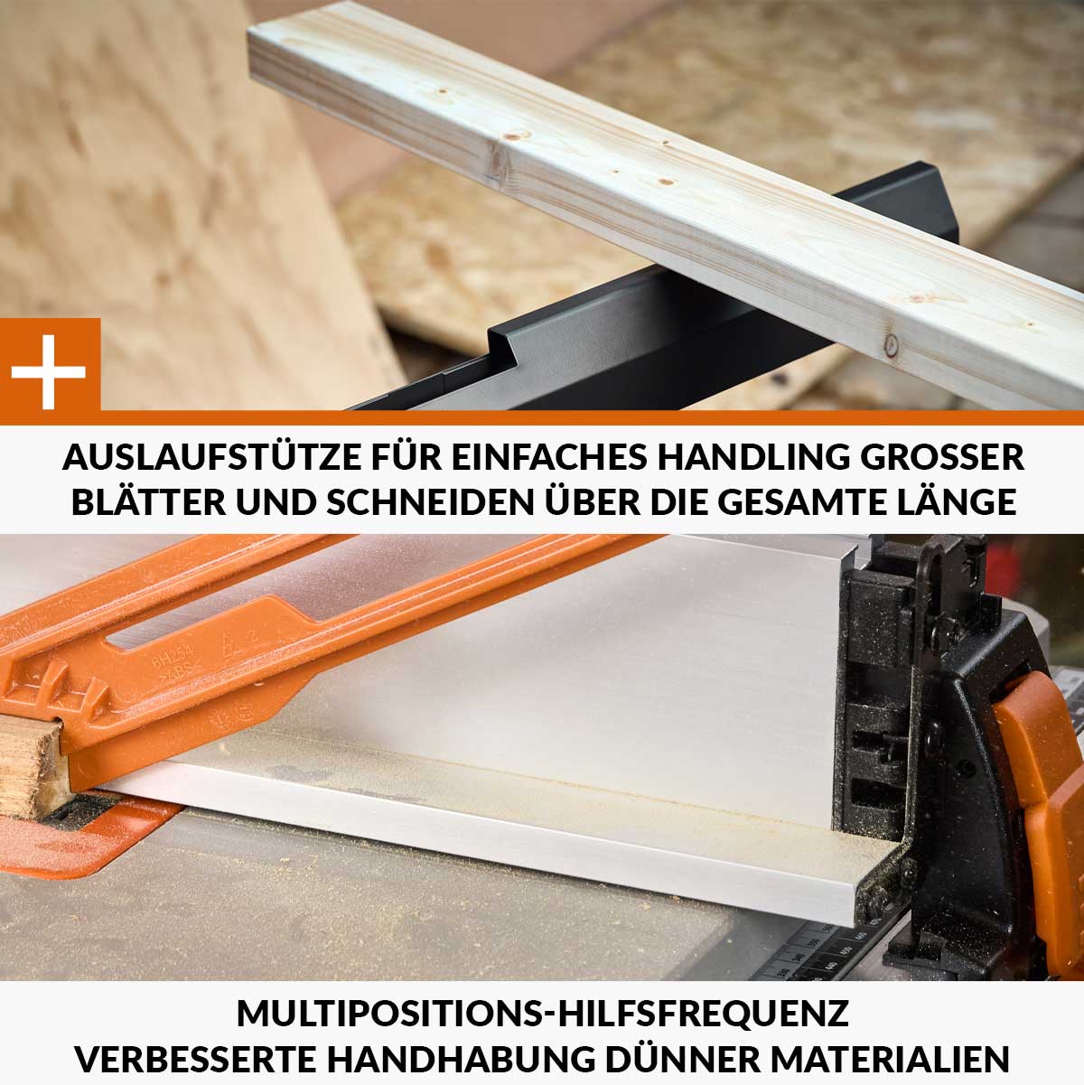 Evolution R255TBL+, die nächste Generation der tragbaren Tischsäge (230 V, 255 mm) mit TCT-Multimaterialsägeblatt