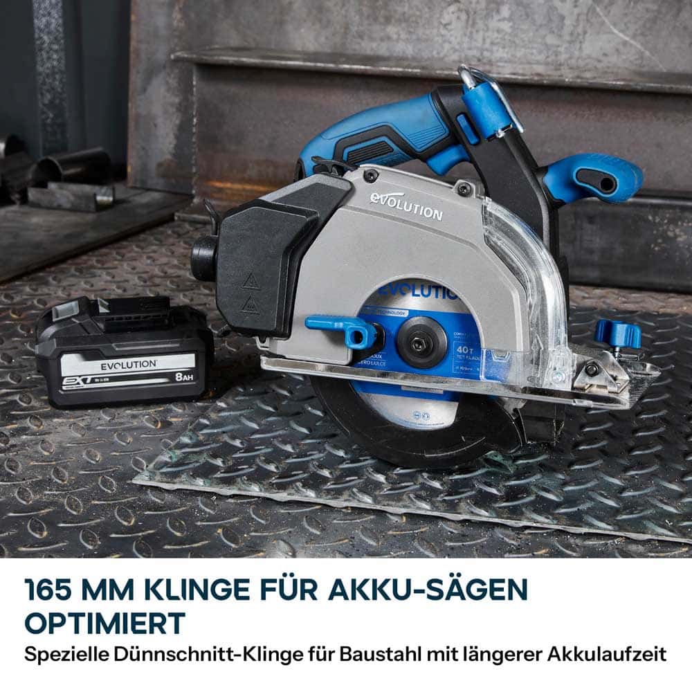 Evolution 165 mm Weichstahl-Sägeblatt, optimiert für Akku-Werkzeuge – 40T Stahl-Sägeblatt