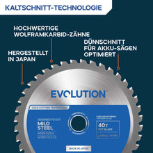 Evolution 165 mm Weichstahl-Sägeblatt, optimiert für Akku-Werkzeuge – 40T Stahl-Sägeblatt
