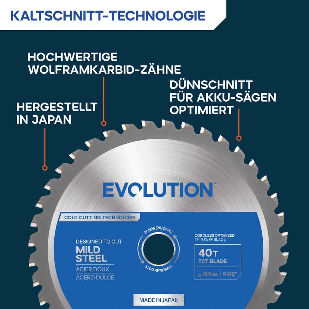 Evolution 165 mm Weichstahl-Sägeblatt, optimiert für Akku-Werkzeuge – 40T Stahl-Sägeblatt