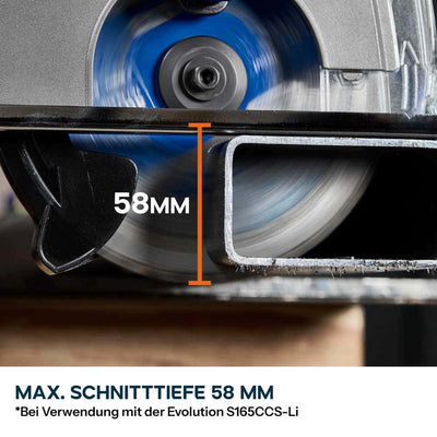 Evolution 165 mm Weichstahl-Sägeblatt, optimiert für Akku-Werkzeuge – 40T Stahl-Sägeblatt