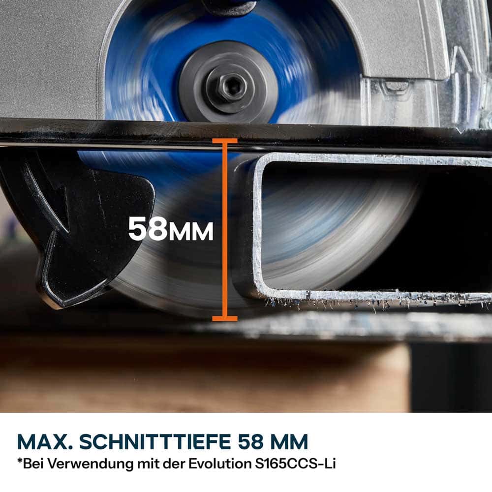 Evolution 165 mm Weichstahl-Sägeblatt, optimiert für Akku-Werkzeuge – 40T Stahl-Sägeblatt