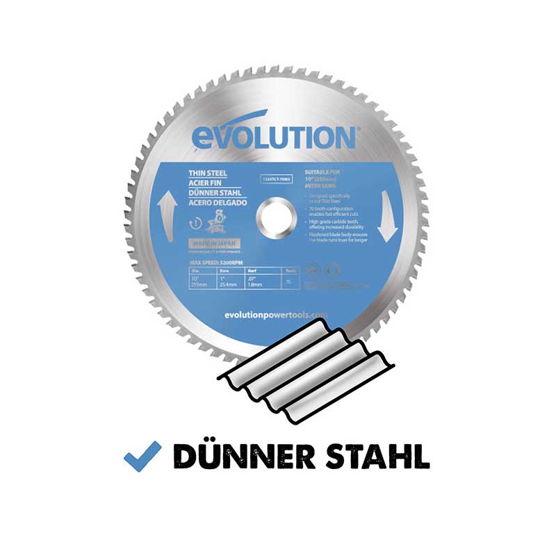 Evolution 255mm dünnstahlschneidendes 70-Zahn-TCT-Gehrungssägeblatt