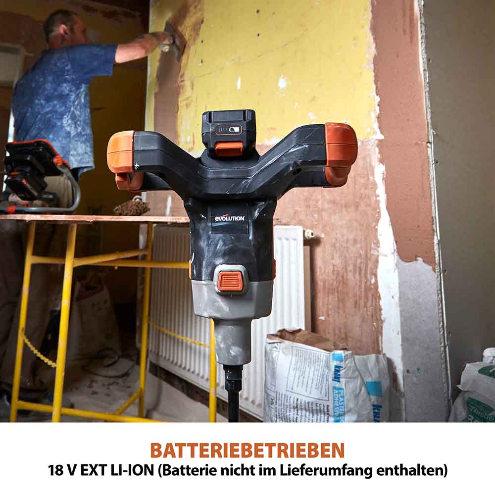 Evolution R120MXR-Li Akkubetriebener 18V-Li-Ion-EXT-Mischer mit Akku und Ladegerät mit 120mm-Multi-Mix-Rührer