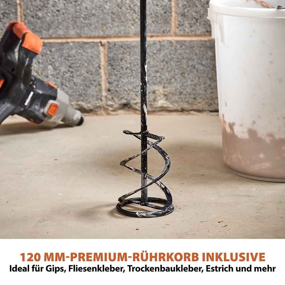 Evolution R120MXR-Li Akkubetriebener 18V-Li-Ion-EXT-Mischer mit Akku und Ladegerät mit 120mm-Multi-Mix-Rührer