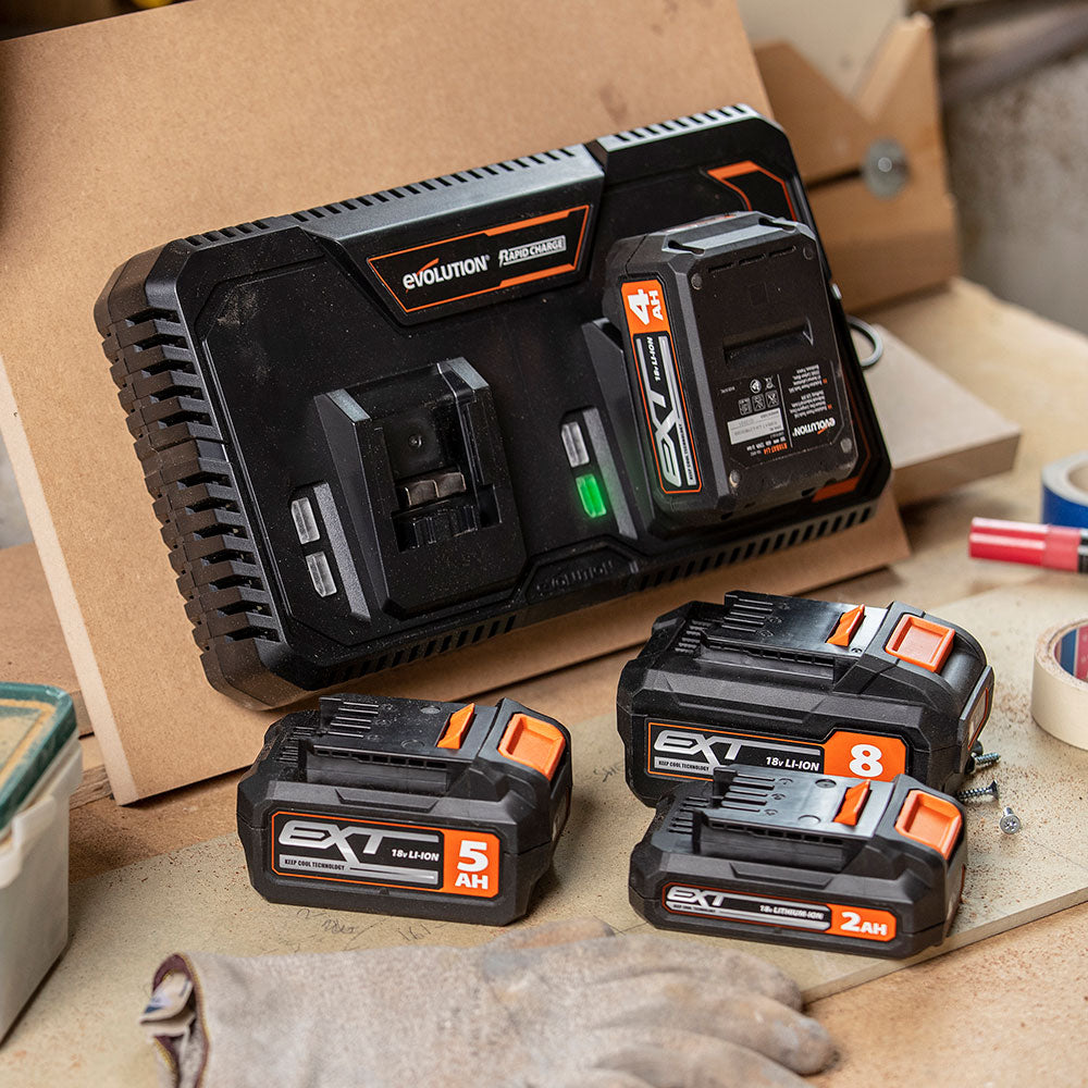 Evolution R255SMS-DB-Li, kabellose, bürstenlose 36-Volt-Gehrungssäge mit Doppelgehrungsneigung, 255-mm-Multi-materialsägeblatt  und optionalen 2x 5-Ah-Akkus und Doppelanschluss-Ladegerät