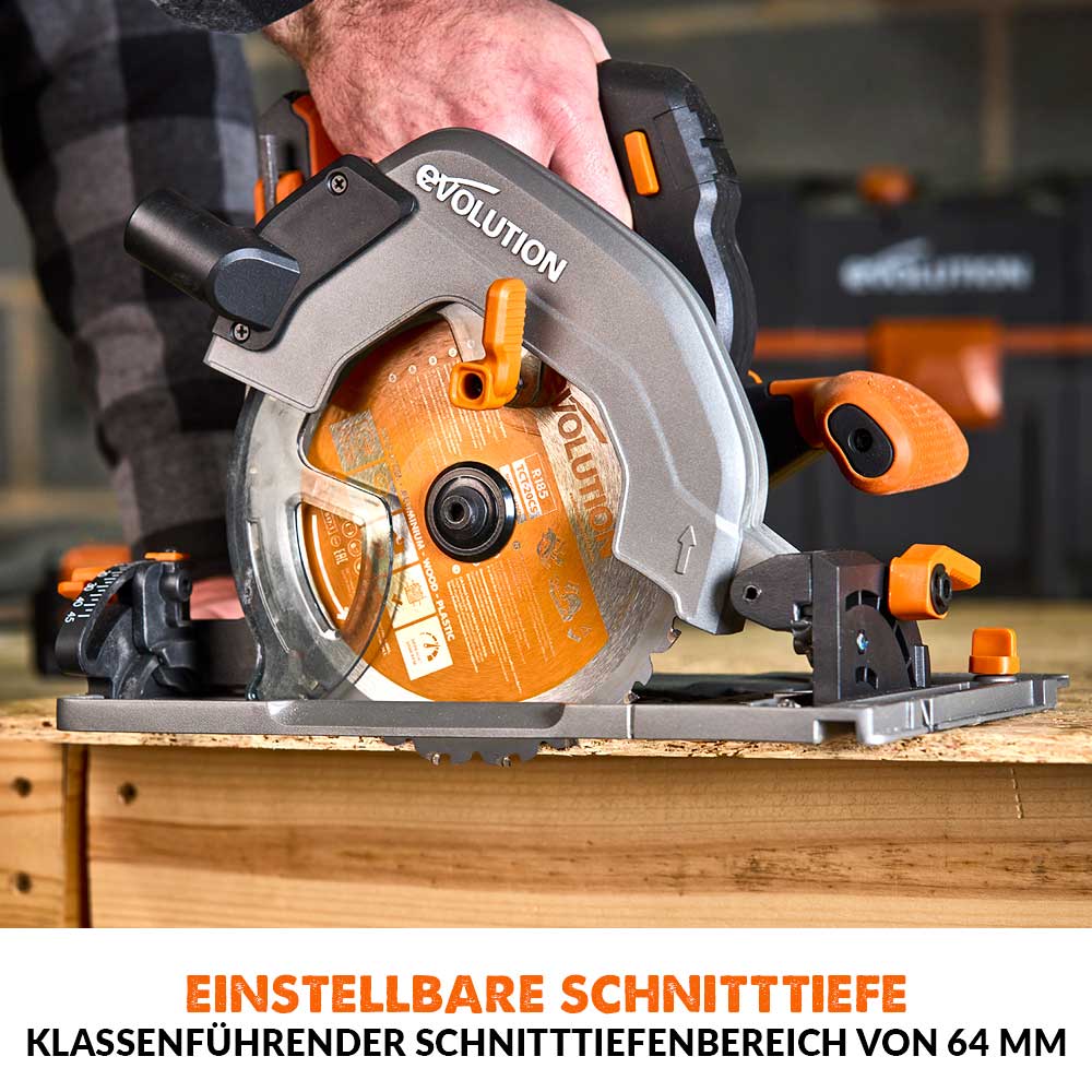Evolution R185CCSX-Li Akku-Handkreissäge, 18V, Li-Ion EXT Schienen-kompatible Kreissäge mit 185mm Multi-Material-Sägeblatt