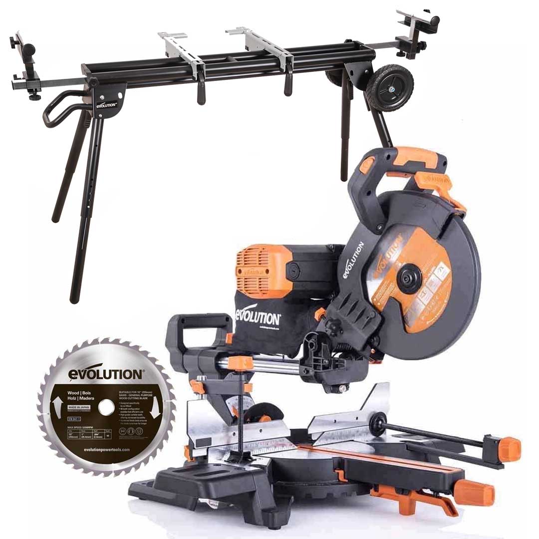 Evolution R255SMS-DB+ Set - 255mm Doppelgehrungssäge & Ständer mit 28T TCT-Multi-Material-Sägeblatt