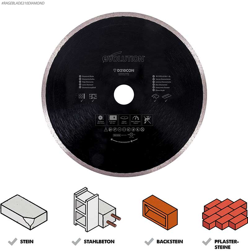 Evolution 210mm durchgehender Rand, Diamantsägeblatt für Gehrungssägen