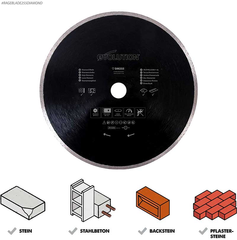 Evolution 255mm durchgehender Rand, Diamantsägeblatt für Gehrungssägen