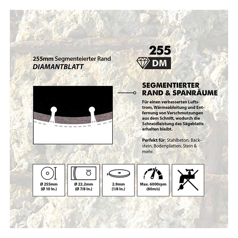 Evolution 255mm Trennscheibe mit diamantbeschichtetem Segmentrand