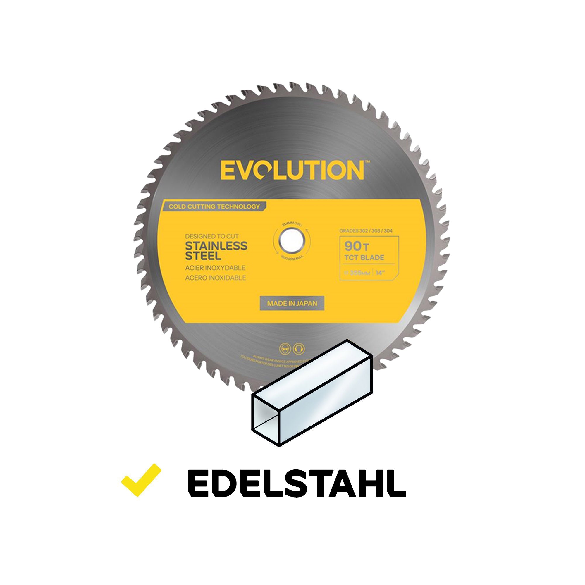 Evolution 355mm Edelstahlschneidklinge mit 90 Zähnen, TCT-Trennsägeblatt G2