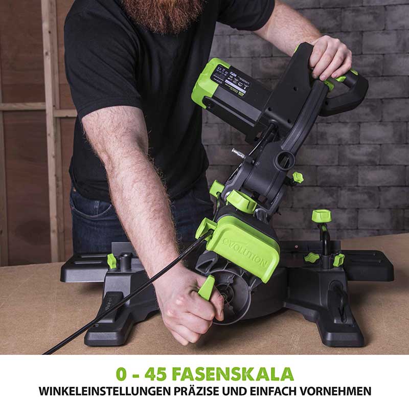 Evolution F255SMS 255mm Schiebe-Kapp- und Gehrungssäge mit TCT-Multi-Material-Sägeblatt