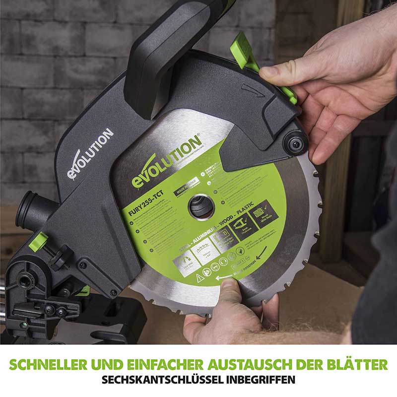 Evolution F255SMS 255mm Schiebe-Kapp- und Gehrungssäge mit TCT-Multi-Material-Sägeblatt
