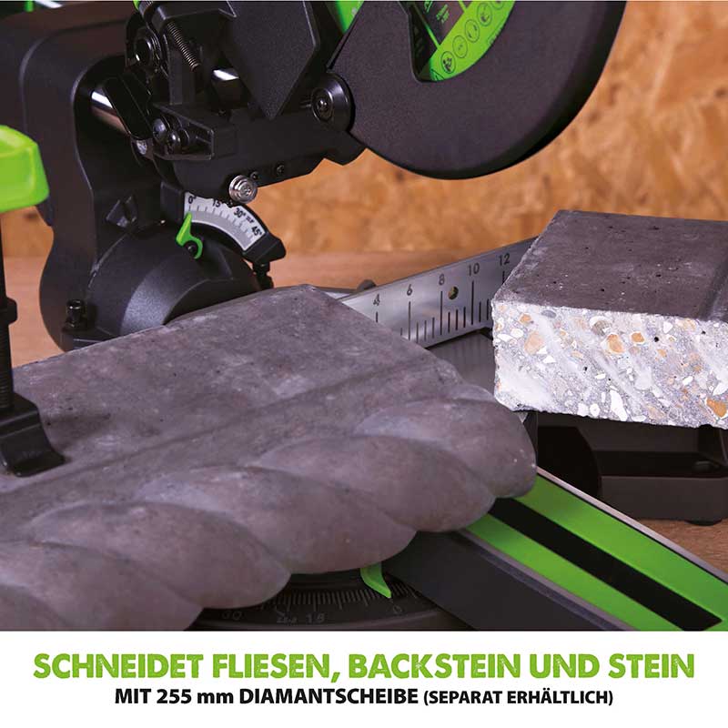 Evolution F255SMS 255mm Schiebe-Kapp- und Gehrungssäge mit TCT-Multi-Material-Sägeblatt