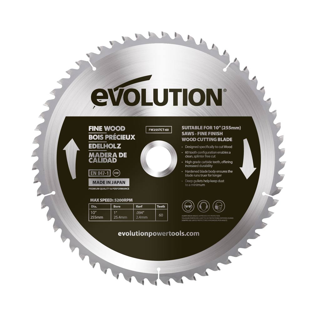 Evolution 255mm Feinschnitt-Holzschneidklinge mit 60 Zähnen, TCT-Gehrungssägeblatt