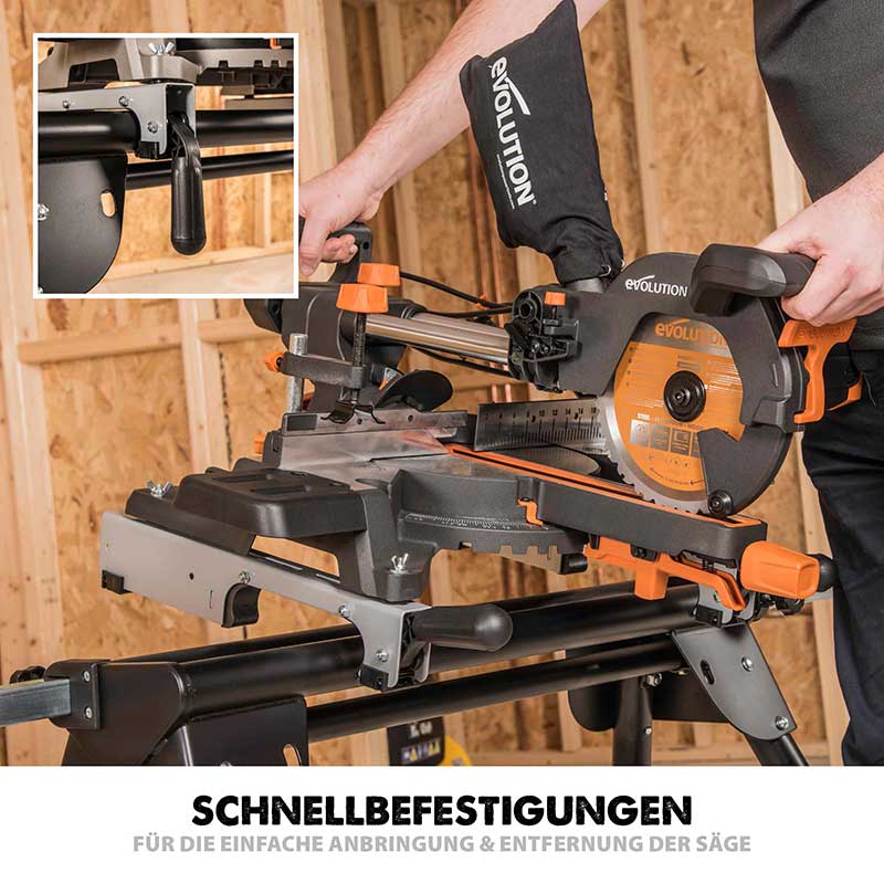 Evolution R255SMS+ 255mm Schiebe-Kapp- und Gehrungssäge mit TCT-Multi-Material-Sägeblatt und Gehrungssägeständer