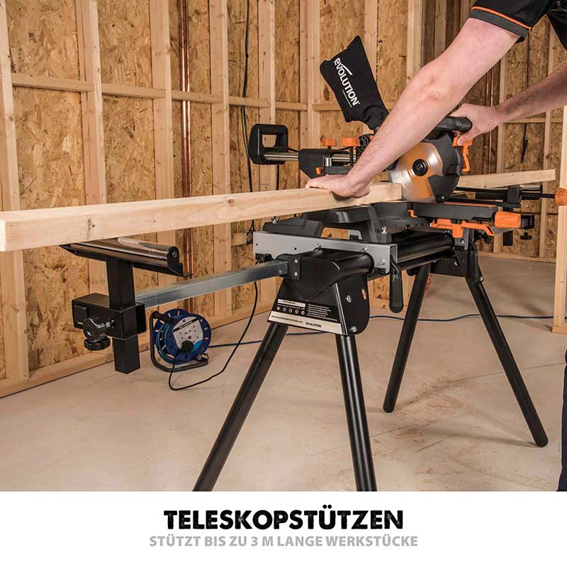 Evolution R255SMS+ 255mm Schiebe-Kapp- und Gehrungssäge mit TCT-Multi-Material-Sägeblatt und Gehrungssägeständer