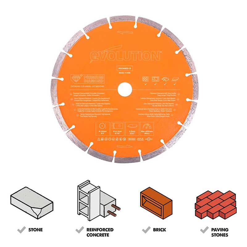 Evolution 230mm Premium-Diamantscheibe mit hoher Diamantkonzentration, segmentierter Rand Betonsägeblatt