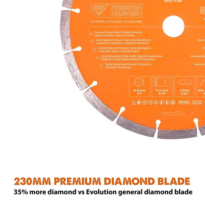 Evolution 230mm Premium-Diamantscheibe mit hoher Diamantkonzentration, segmentierter Rand Betonsägeblatt