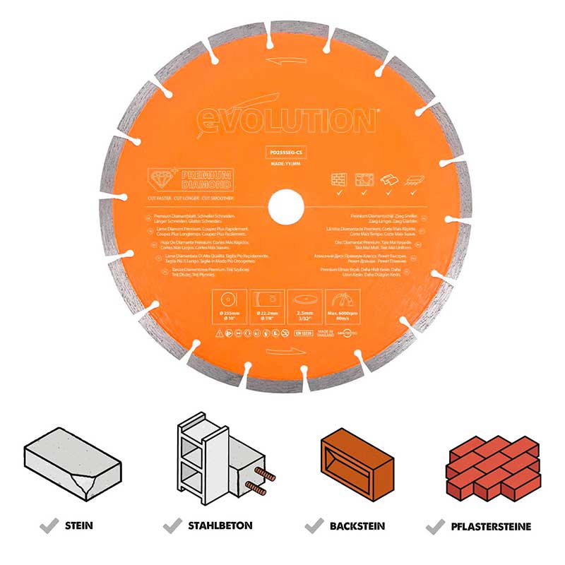 Evolution 255mm Premium-Diamantscheibe mit hoher Diamantkonzentration, segmentierter Rand Betonsägeblatt