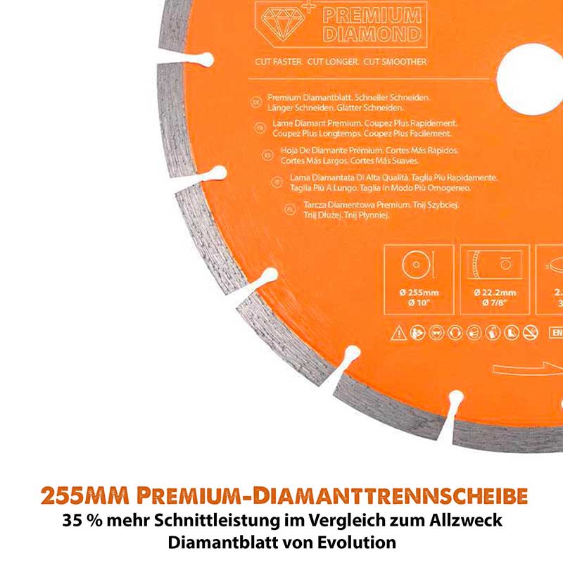 Evolution 255mm Premium-Diamantscheibe mit hoher Diamantkonzentration, segmentierter Rand Betonsägeblatt