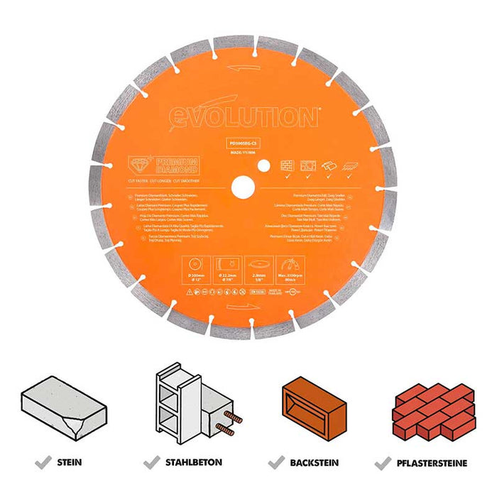 Evolution 300mm Premium-Diamantscheibe mit hoher Diamantkonzentration, segmentierter Rand