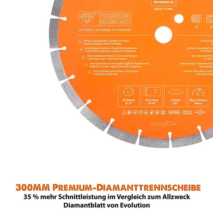 Evolution 300mm Premium-Diamantscheibe mit hoher Diamantkonzentration, segmentierter Rand