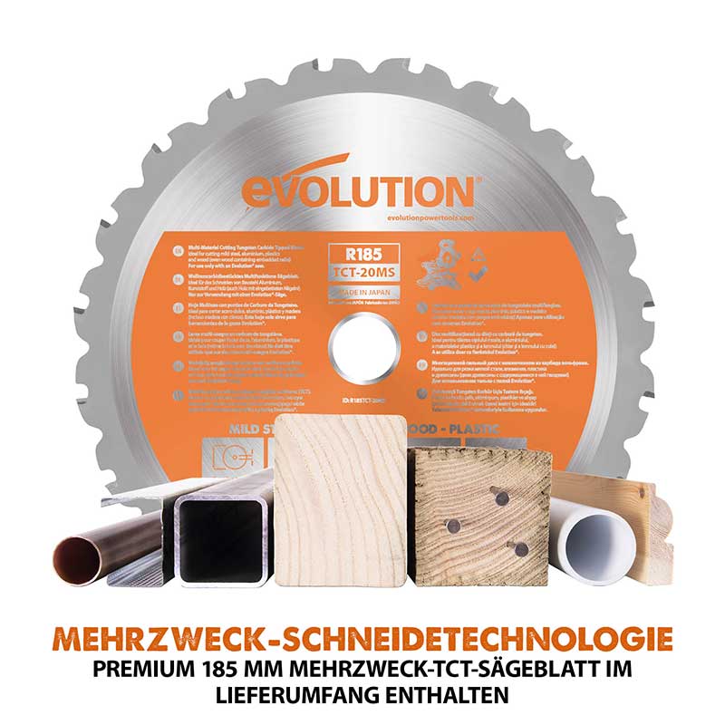 Evolution kabellose R185CMS-Li 185mm Kapp- und Gehrungssäge 18V-Li-Ion EXT mit Akku und Ladegerät inklusive Multi-Material-Sägeblatt