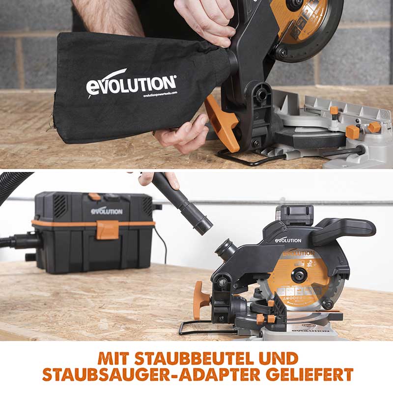 Evolution kabellose R185CMS-Li 185mm Kapp- und Gehrungssäge 18V-Li-Ion EXT mit Akku und Ladegerät inklusive Multi-Material-Sägeblatt