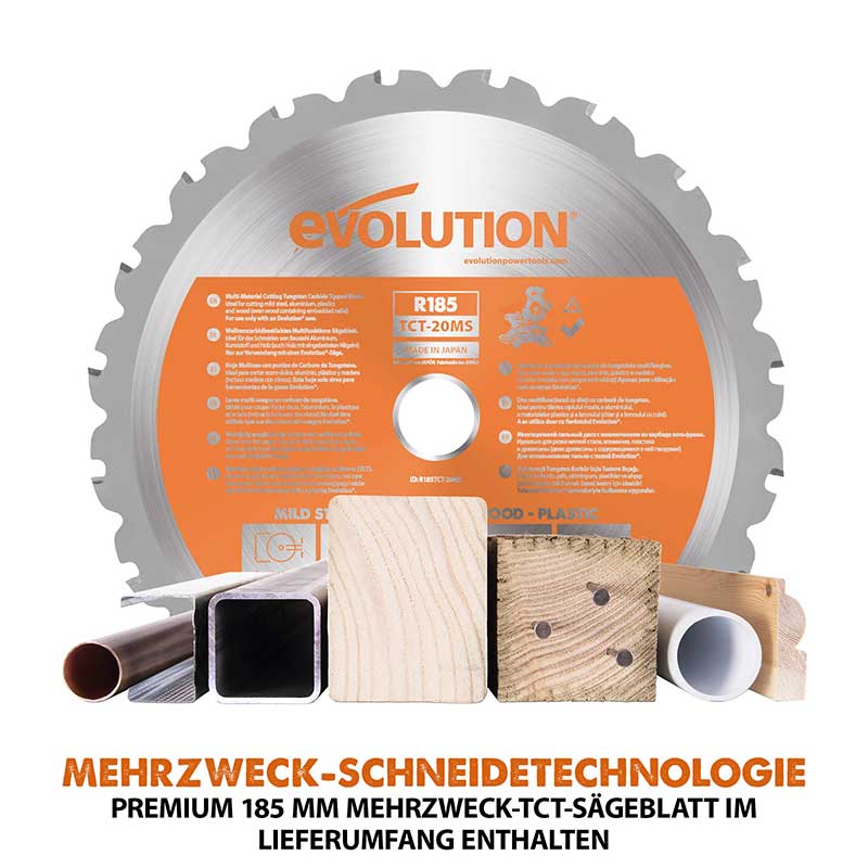 Evolution R185SMS-Li, Kabellose 185mm Schiebe-Kapp- und Gehrungssäge 18V-Li-Ion EXT inklusive Multi-Material-Sägeblatt