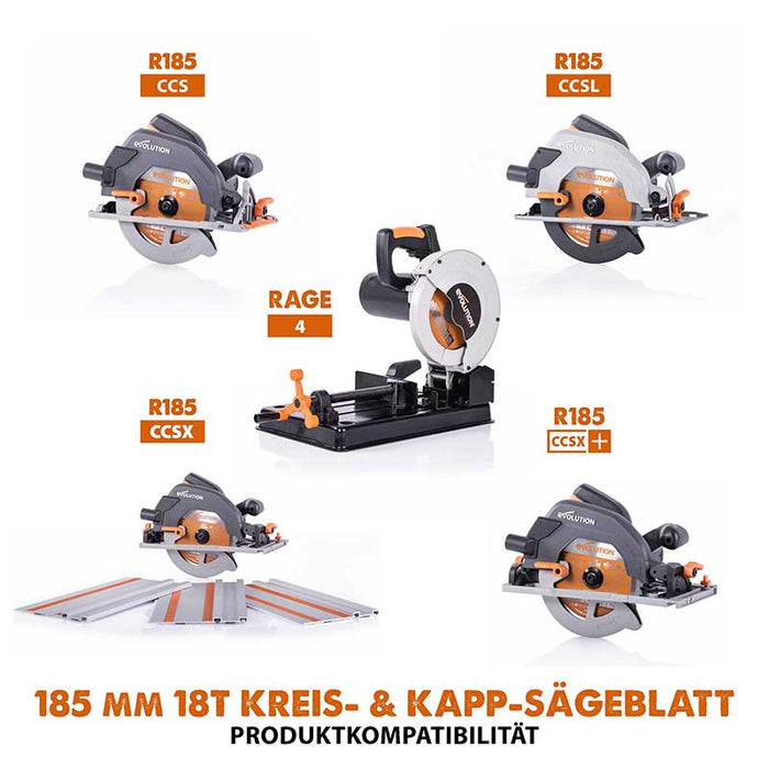 Evolution 185mm Mehrzweckschneidklinge mit 20 Zähnen, TCT-Kreissägeblatt