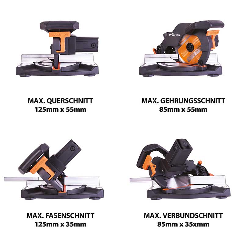 Evolution R210CMS+ 210mm 1200W Kapp- und Gehrungssäge mit TCT-Multi-Material-Sägeblatt