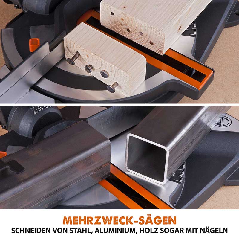 Evolution R210CMS+ 210mm 1200W Kapp- und Gehrungssäge mit TCT-Multi-Material-Sägeblatt