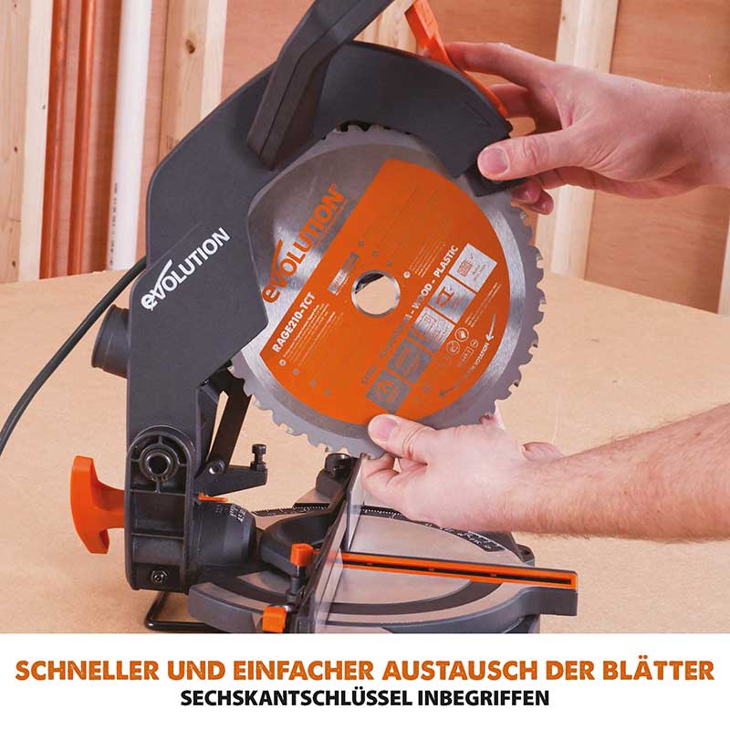 Evolution R210CMS+ 210mm 1200W Kapp- und Gehrungssäge mit TCT-Multi-Material-Sägeblatt