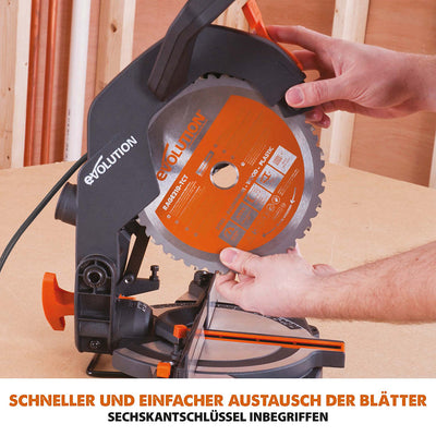 Evolution R210CMS+ 210mm 1200W Kappsäge und Gehrungssäge mit TCT-Multi-Material-Sägeblatt und Gehrungssägeständer mit universellen Befestigungen
