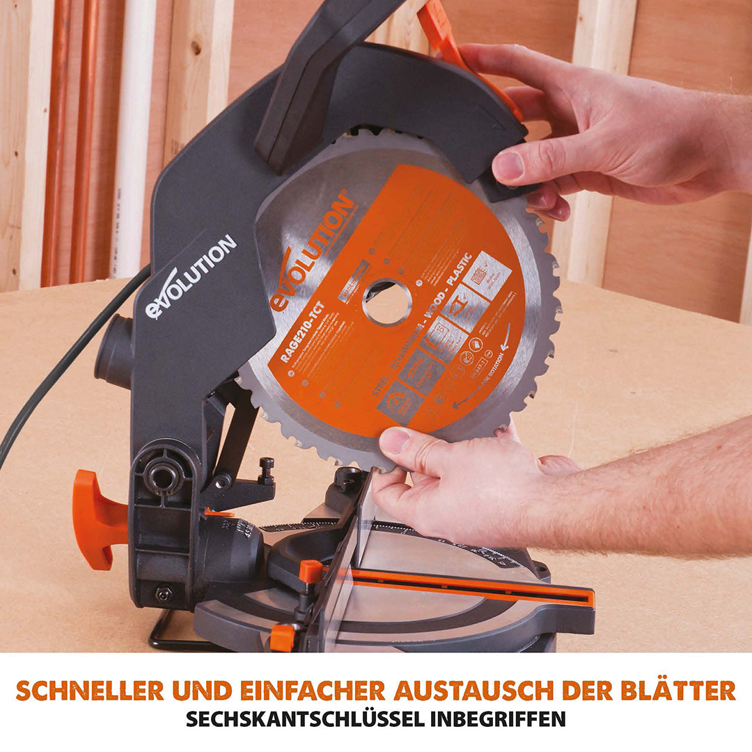 Evolution R210CMS+ 210mm 1200W Kappsäge und Gehrungssäge mit TCT-Multi-Material-Sägeblatt und Gehrungssägeständer mit universellen Befestigungen