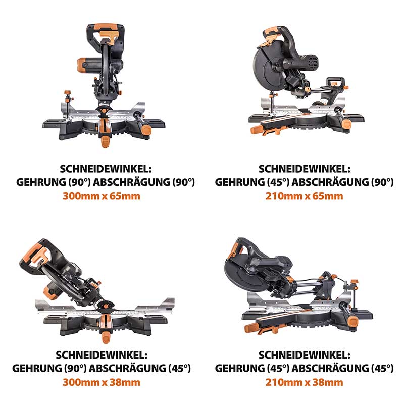 Evolution R210SMS-300+ 210mm Schiebe-Kapp- und Gehrungssäge mit TCT-Multi-Material-Sägeblatt