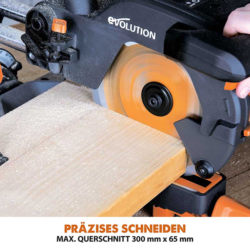 Evolution R210SMS-300+ 210mm Schiebe-Kapp- und Gehrungssäge mit TCT-Multi-Material-Sägeblatt