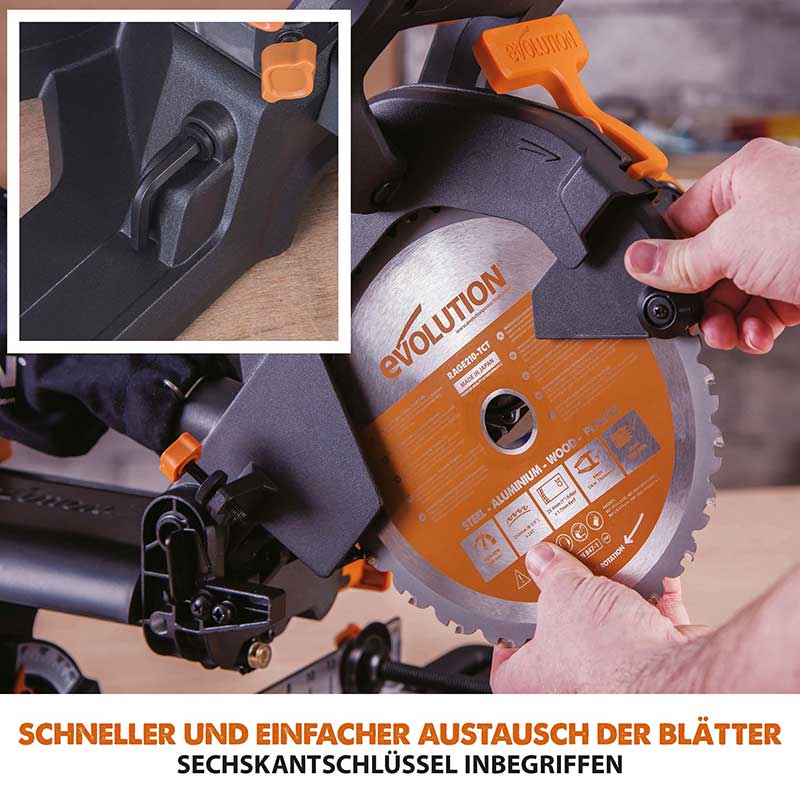 Evolution R210SMS-300+ 210mm Schiebe-Kapp- und Gehrungssäge mit TCT-Multi-Material-Sägeblatt