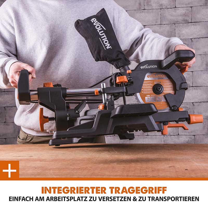 Evolution R210SMS-300+ 210mm Schiebe-Kapp- und Gehrungssäge mit TCT-Multi-Material-Sägeblatt