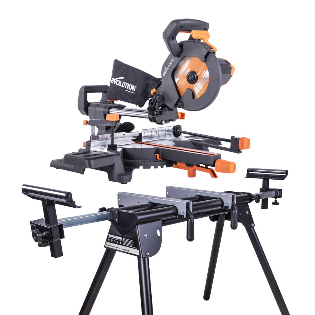 Evolution R210SMS-300+ und Gehrungssägeständer mit universellen Befestigungen