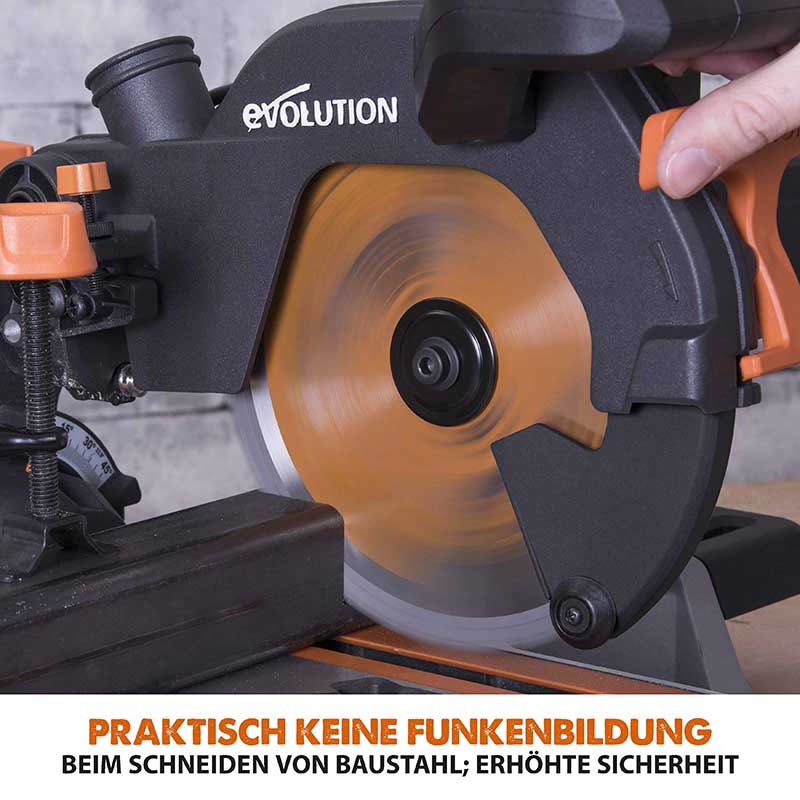 Evolution R210SMS+ 210mm Schiebe-Kapp- und Gehrungssäge mit TCT-Multi-Material-Sägeblatt