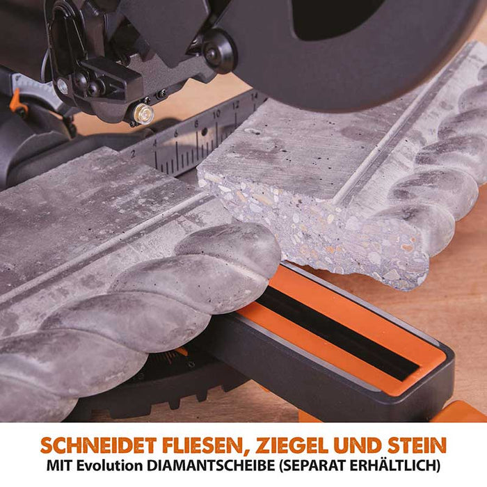 Evolution R210SMS+ 210mm Schiebe-Kapp- und Gehrungssäge mit TCT-Multi-Material-Sägeblatt