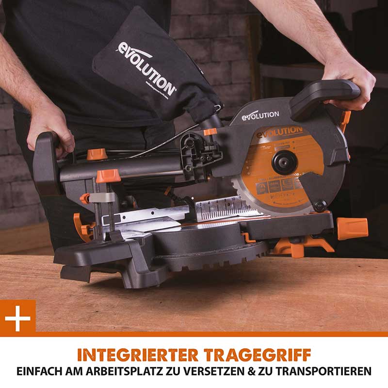 Evolution R210SMS+ 210mm Schiebe-Kapp- und Gehrungssäge mit TCT-Multi-Material-Sägeblatt