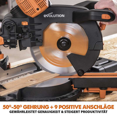 Evolution R255SMS-DB+ 255mm Doppelgehrungssäge mit Schiebfunktion und 28T TCT-Multi-Material-Sägeblatt